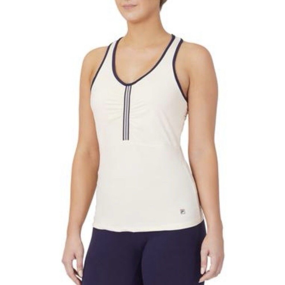 Fila Cream Athletic Tank Top Women Sz M Cream & Navy Trim Shelf Bra nautical EUC